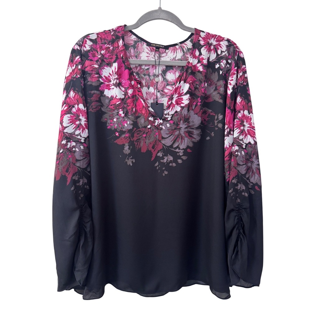 NWT Kobi Halperin Floral 100% Silk Blouse XXL Dark Romantic Luxury Black Pink